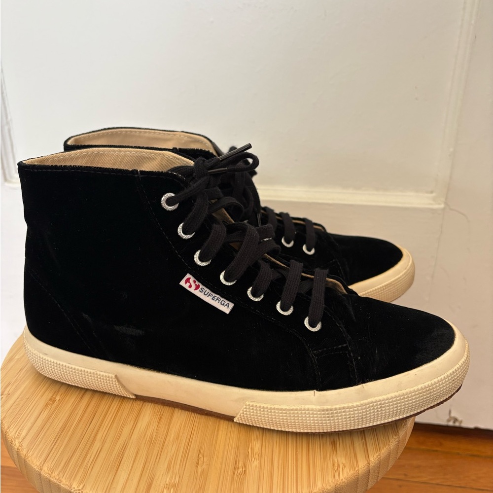 Superga Black Velvet High-Top Sneakers with Cream Sole